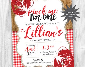 Pinch Me I'm ONE Crawfish Birthday Party Invitation { Southern } { Crawfish } { First Birthday } { Red Gingham }