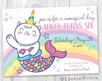 Kitty Cat Princess Mermaid Unicorn, Little Girl Party, Rainbow and Mermaid, Caticorn, Princess Invitation