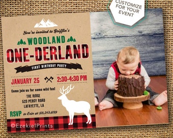 Woodland One-derland First Birthday Party Invitation {Lumberjack} {Plaid} {Woods}