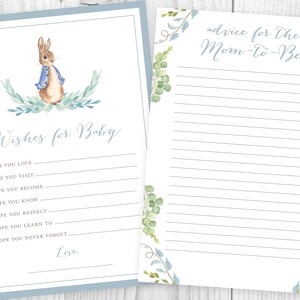 Tarjetas de ducha imprimibles de Peter Rabbit, deseos para el bebé, consejos para mamá, invitación a juego