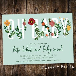 OH BABY Shower Floral, Oh Baby Mint Green Invitation, Floral Baby Shower Invitation