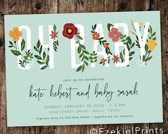 OH BABY Shower Floral, Oh Baby Mint Green Invitation, Floral Baby Shower Invitation