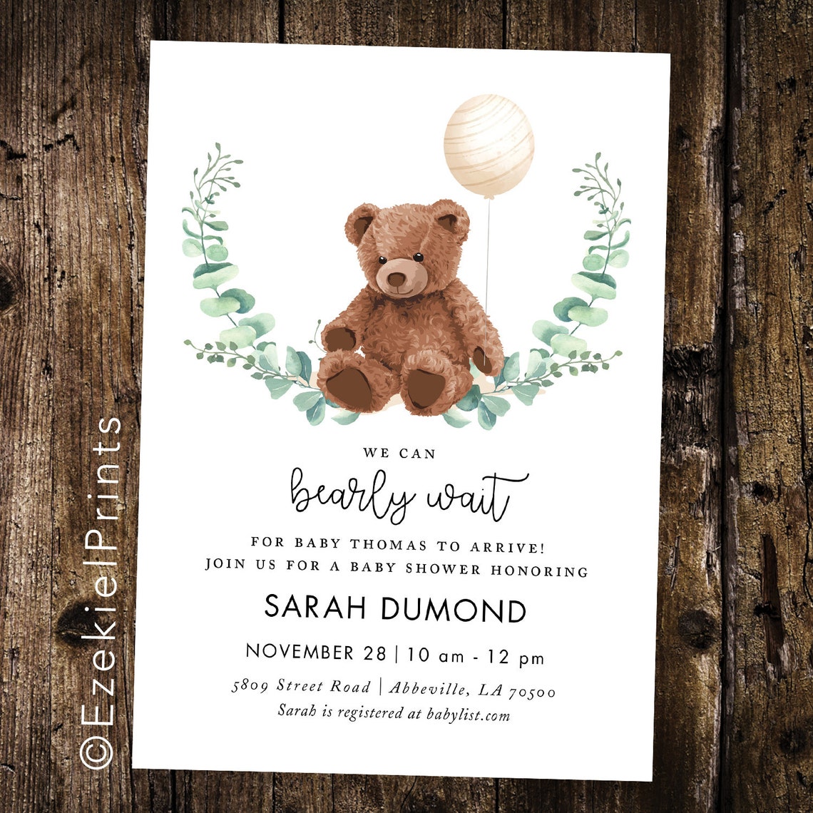 Bearly Wait Girl or Boy Baby Shower Printable Invitation, Teddy Bear