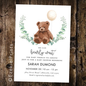 Bearly Wait Girl or Boy Baby Shower Printable Invitation, Teddy Bear Baby Shower, We can bearly wait!, Teddy Bear