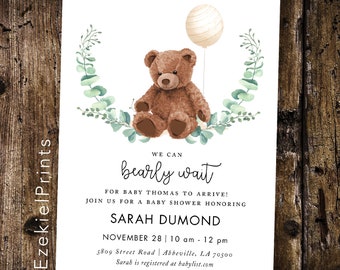 Bearly Wait Girl or Boy Baby Shower Printable Invitation, Teddy Bear Baby Shower, We can bearly wait!, Teddy Bear