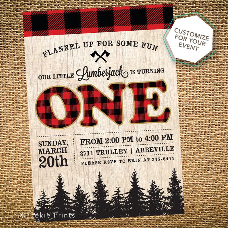 First Birthday Lumberjack Party Invitation Buffalo Plaid Trees and Wood image 1