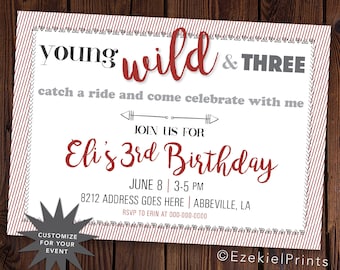 Young Wild and Three Birthday Party Invitation, Customize these colors for your theme!