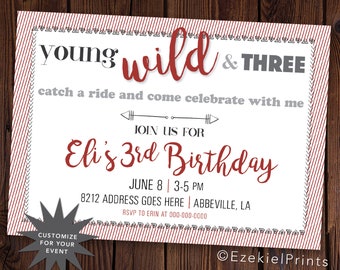 Young Wild and Three Birthday Party Invitation, Customize these colors for your theme!