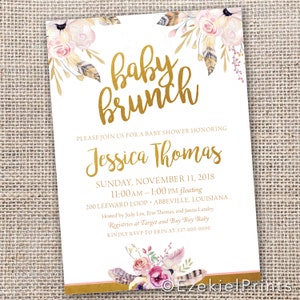 Invitation de brunch de bébé de plumes d&#39;or scintillantes { plume } { or } { aquarelle florale } { Baby Shower }
