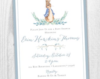 Peter Rabbit Girl or Boy Baby Shower Printable Invitation { Blue or Pink or Green } { Script } { Beatrix Potter }