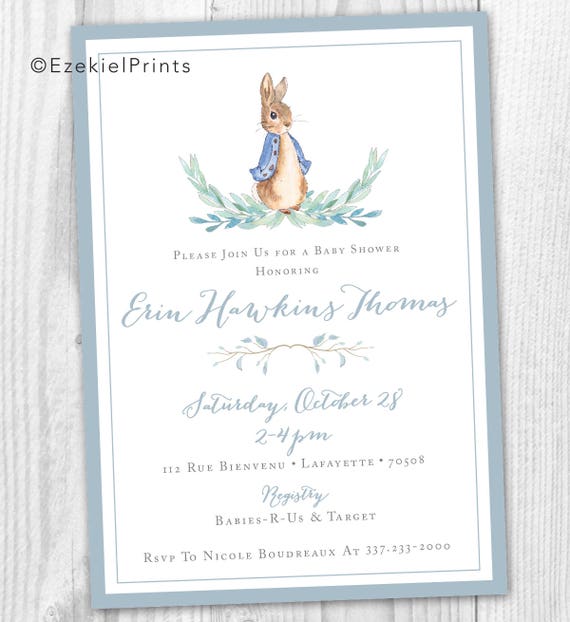 Peter Rabbit Girl or Boy Baby Shower Printable Invitation { Blue or Pink or Green } { Script } { Beatrix Potter }