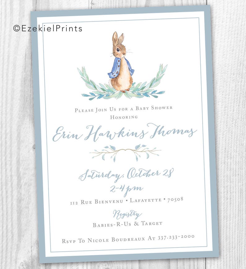 Peter Rabbit Girl or Boy Baby Shower Printable Invitation { Blue or Pink or Green } { Script } { Beatrix Potter } image 1