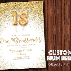 White and Gold Glitter and Balloons Birthday Invitation { Golden Confetti } { Glitter } { 18th Birthday } { Customize }