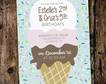 Ice Cream Birthday Invitation, Sibling Birthdays { Ice Cream Cone } { Ice Cream Stack } { Joint Party }
