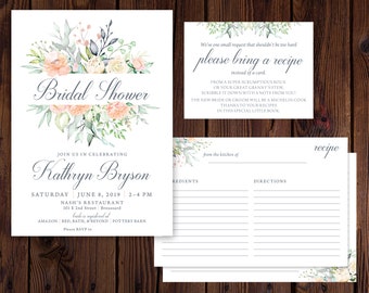 Recipe Card Bridal Shower Invitation, Watercolor Floral Bridal Shower, Greenery Bridal Shower { Floral } { Blush } { Yellow }