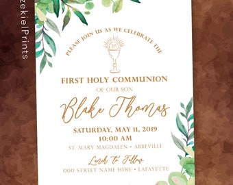 First Communion Copper and Eucalyptus Invitation, Vines First Communion, Watercolor Leaves First Communion