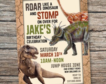 May include: Dinosaur-themed birthday invitation with a beige background and a cracked brown border. The invitation features illustrations of a Tyrannosaurus Rex, a Triceratops, and a long-necked dinosaur. Text includes "ROAR AND STOMP" and "JAKE'S BIRTHDAY CELEBRATION".