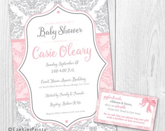 Pink and Gray, Blue and Gray Baby Shower Printable Invitation, Gray Damask