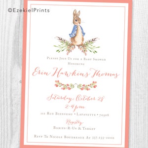 Peter Rabbit Girl or Boy Baby Shower Printable Invitation { Blue or Pink or Green } { Script } { Beatrix Potter } image 2