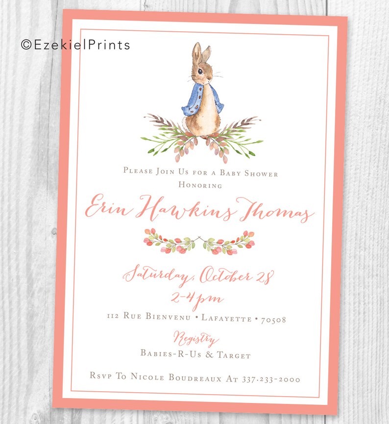 Peter Rabbit Girl or Boy Baby Shower Printable Invitation { Blue or Pink or Green } { Script } { Beatrix Potter } image 2