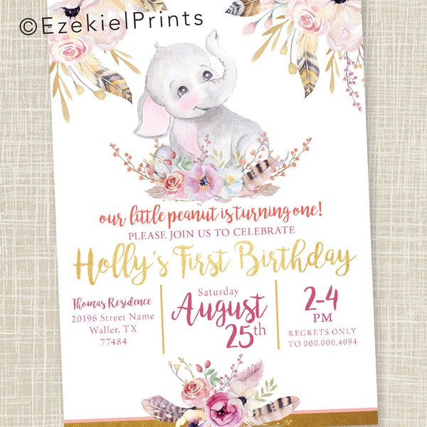 Our Little Peanut is Turning One, Elephant First Birthday, Peanut Elephant First Birthday, Elephant Party Theme, Elephant Invitation