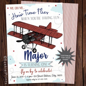 First Birthday Vintage Plane Party Invitation, Biplane, Red White and Blue, Airplane Birthday