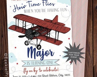 First Birthday Vintage Plane Party Invitation, Biplane, Red White and Blue, Airplane Birthday
