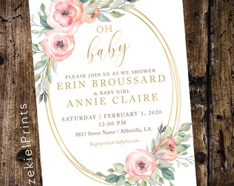 Baby Shower Watercolor Floral, Oh Baby Shower Invitation, Gold rings and flowers, Girl Baby Shower
