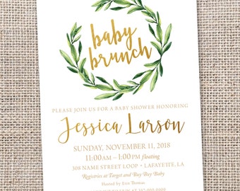 Greenery Wreath Gender Neutral Baby Shower Invitation { Green } { Gold } { Watercolor Leaves }