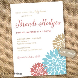 Floral Baby Shower imprimable Invitation { corail et bleu } { Script } { carte de conseils d'accompagnement }