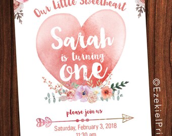 Floral ONE, Flowers and Hearts Party, Birthday Invitation, Girl Theme, Sweetheart ONE