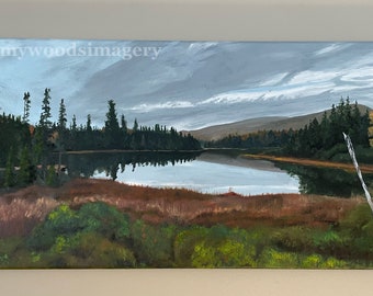 Calm Northern lake oil painting on Canvas - Original Oil Painting on medium 10 by 20 in canvas