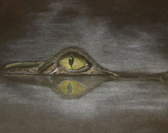 Alligator drawing "Night Reflection" in Pastel - Surrealist Dream Drawing