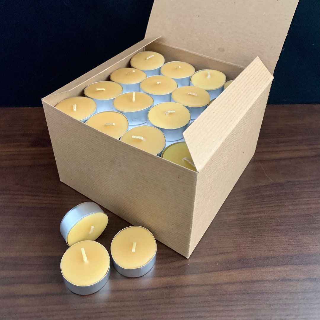 Beeswax Tea Light Candles 80 Candles in Aluminum Cups Bulk Amount Kraft Gift Box and Made With
