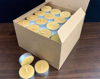 Beeswax Tea light candles - 80 candles in aluminum cups bulk amount - Kraft gift box and made with Canadian Beeswax