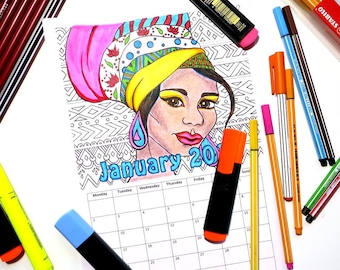 Calendrier de coloriage imprimable 2024 | Portraits de filles indiennes et africaines | Téléchargement PDF