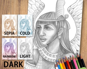 Grayscale Coloring Page | Egyptian God Maat | Egyptian Goddess Adult Coloring Book Page PDF | Sepia Ancient Egypt JPG