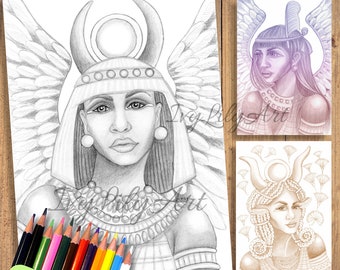 Egyptian Goddesses Grayscale Coloring Book PDF | Ancient Gods Isis, Hathor & Maat Adult Coloring Pages