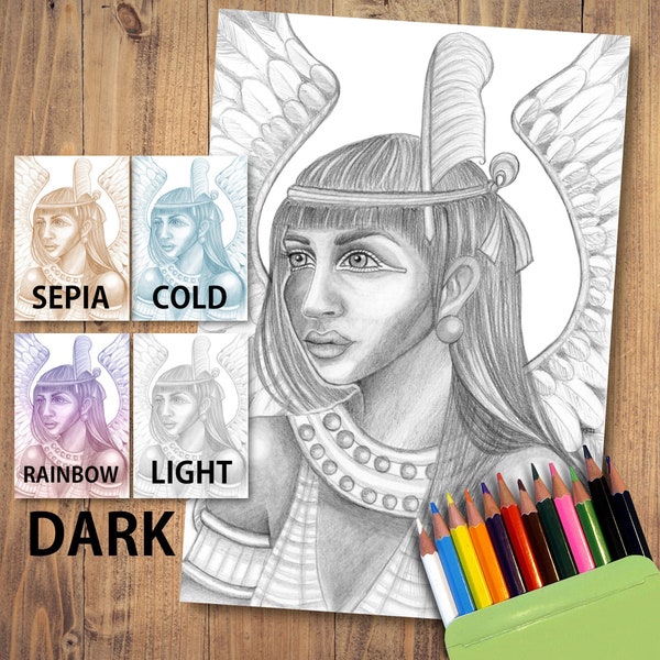 Grayscale Coloring Page | Egyptian God Maat | Egyptian Goddess Adult Coloring Book Page PDF | Sepia Ancient Egypt JPG