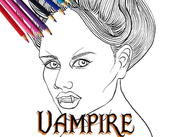 Halloween Vampire Girl Adult Coloring Page and Digital Stamp