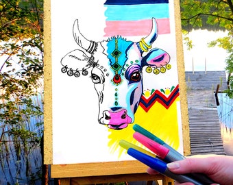 Animal Coloring Page | Indian Holy Cow | Adult Coloring Page