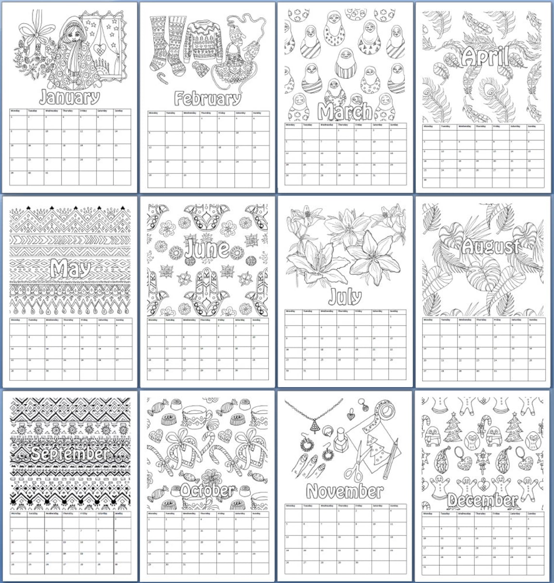 Printable Coloring Calendar 2024 Patterns PDF Download Etsy