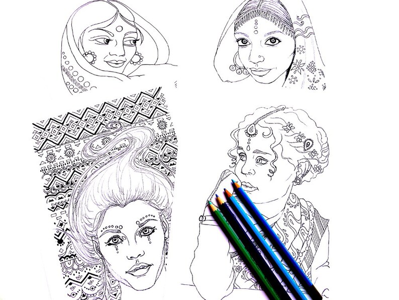 Download Coloring Book for Adults Indian & African Fashion Portraits | Etsy
