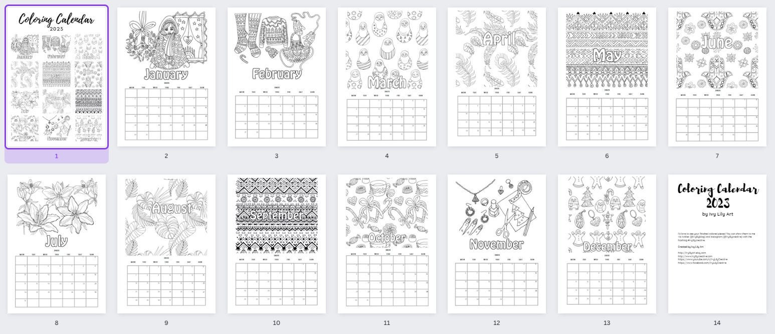 Printable Coloring Calendar 2023 / 2024 Patterns PDF Etsy