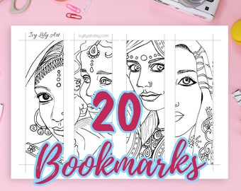 Printable Coloring Bookmarks Bundle | Indian, African, Arab Girls & Russian Dolls | Set of 20 Adult Coloring Bookmarks