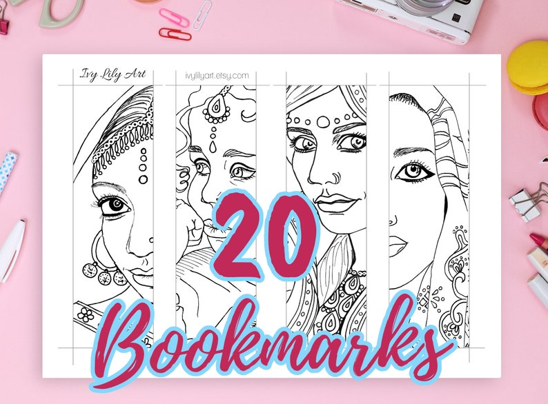 Printable Coloring Bookmarks Bundle Indian, African, Arab Girls & Russian Dolls Set of 20 Adult Coloring Bookmarks image 1