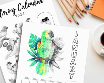 Printable Coloring Calendar 2024 | Grayscale Parrots | A4 PDF Download