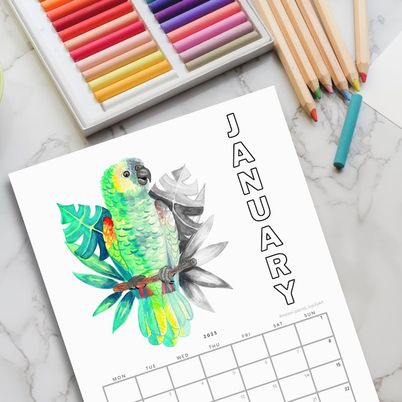 Printable Coloring Calendar 2023 / 2024 Grayscale Parrots Etsy Norway