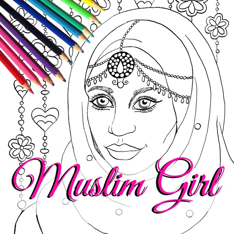 Download Muslim Girl in Hijab Adult Coloring Page and Digital Stamp | Etsy