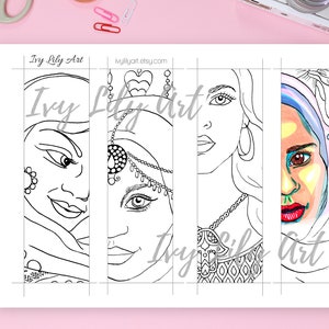 Printable Coloring Bookmarks Bundle Indian, African, Arab Girls & Russian Dolls Set of 20 Adult Coloring Bookmarks image 5